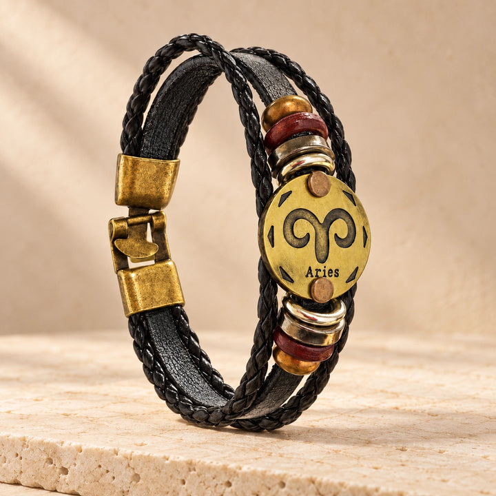 Aries Zodiac Bracelet – Black Braided Leather Bracelet with Antique Gold-Tone Charm