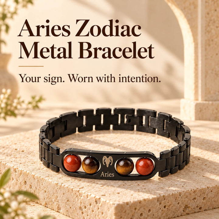 Aries Zodiac Black Metal Bracelet with Red &amp; Brown Stone Detailing for Men &amp; Women