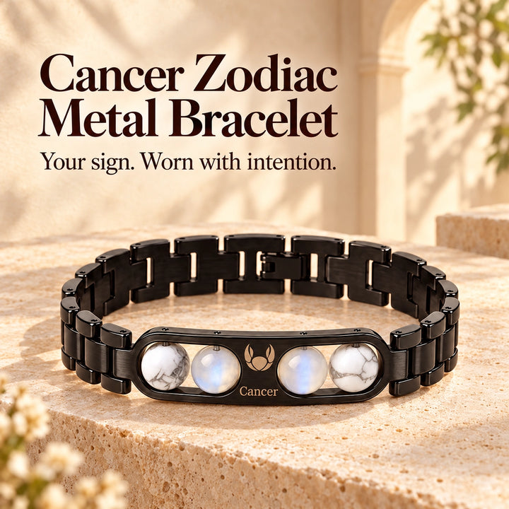 Cancer Zodiac Black Metal Bracelet with White &amp; Blue Stone Detailing for Men &amp; Women