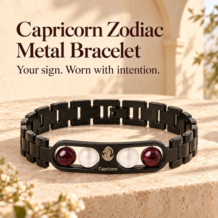 Capricorn Zodiac Black Metal Bracelet with Red &amp; White Stone Detailing for Men &amp; Women