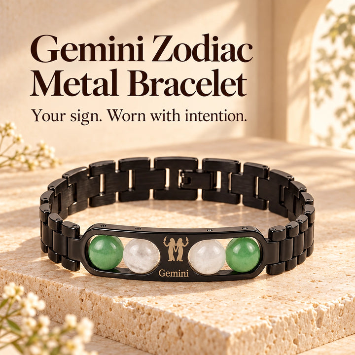 Gemini Zodiac Black Metal Bracelet with Green &amp; White Stone Detailing for Men &amp; Women