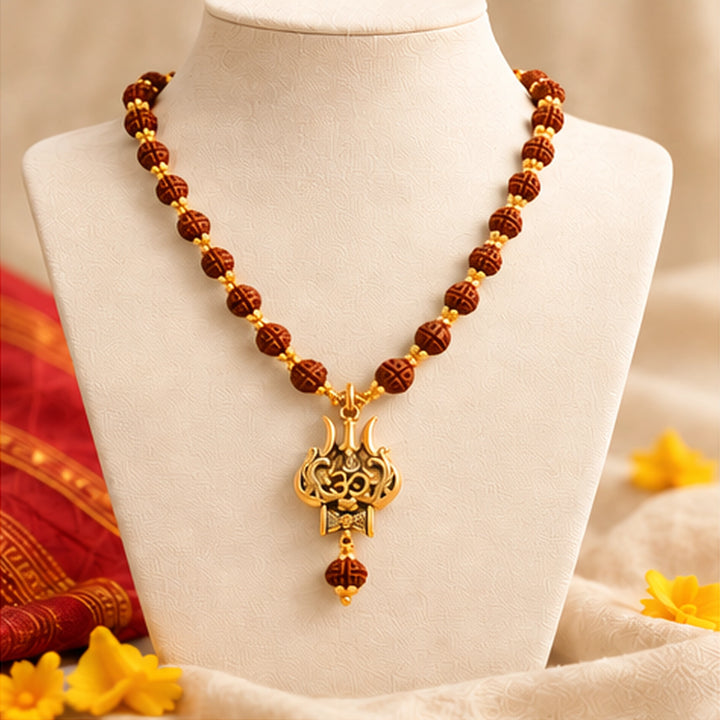 Rudraksha Necklace with Gold Caps &amp; Trishul Pendant