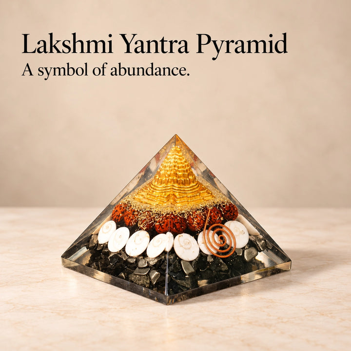 Dhan Laxmi Yantra Vastu Crystal Pyramid | Gomti Chakra &amp; Kaudi for Wealth | Home Decor