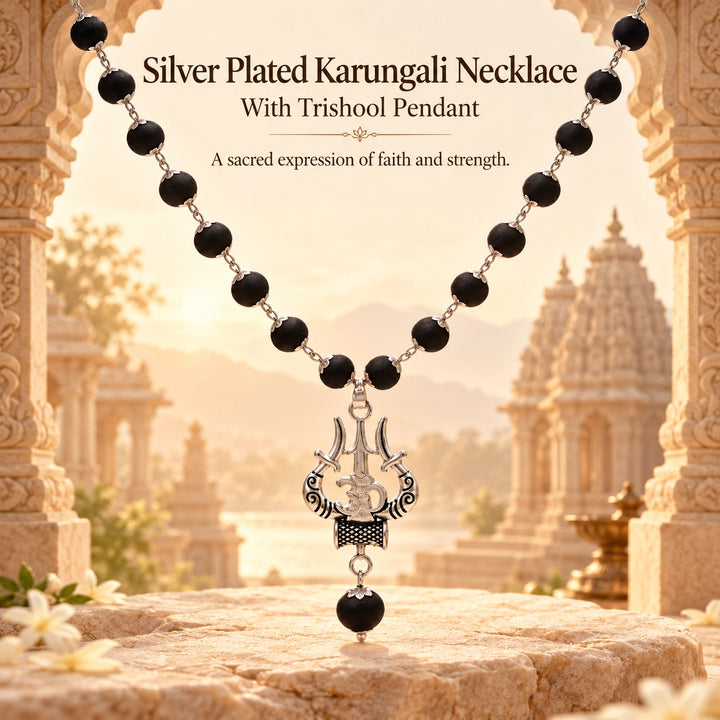 Original Karungali Mala | Trishul Pendant, Silver Caps | Lab Certified