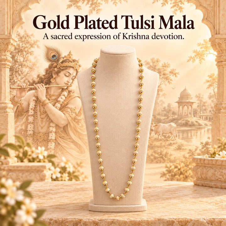 Natural Tulsi Beads Mala with Gold Capping Krishna Chain for daily wear