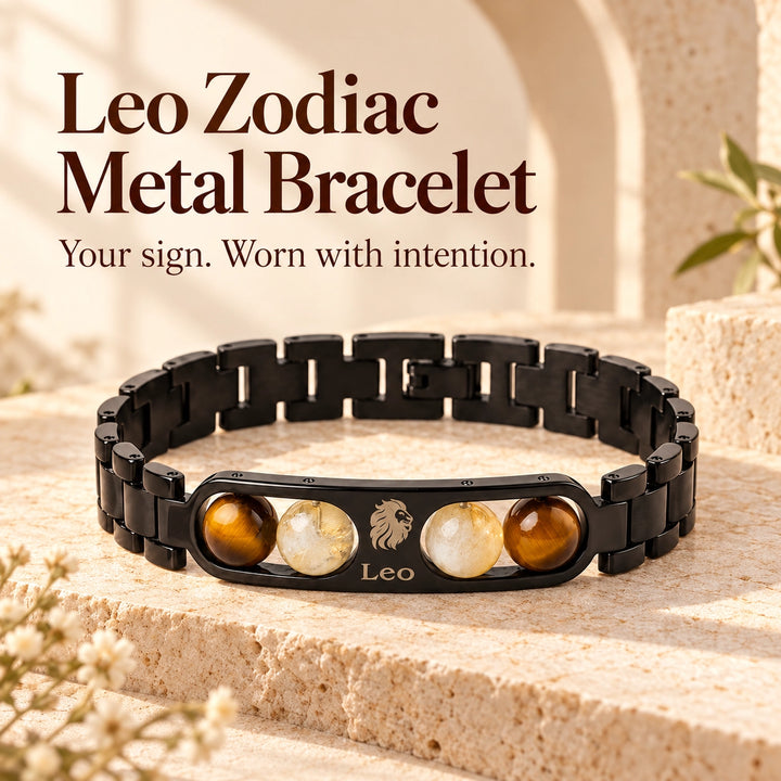 Leo Zodiac Black Metal Bracelet with Tiger Eye &amp; White Stone Detailing for Men &amp; Women