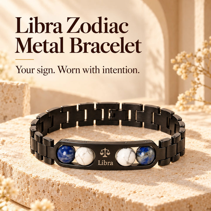 Libra Zodiac Black Metal Bracelet with Blue &amp; White Stone Detailing for Men &amp; Women