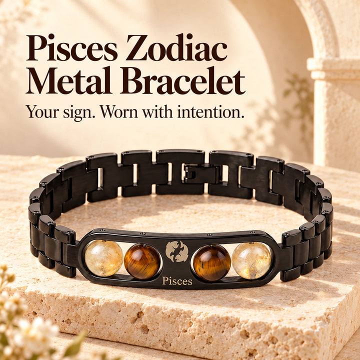 Pisces Zodiac Black Metal Bracelet with Amber &amp; White Stone Detailing for Men &amp; Women