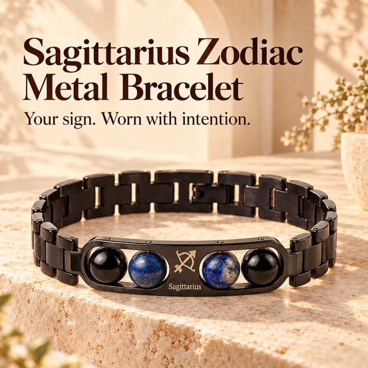 Sagittarius Zodiac Black Metal Bracelet with Blue &amp; Black Stone Detailing for Men &amp; Women