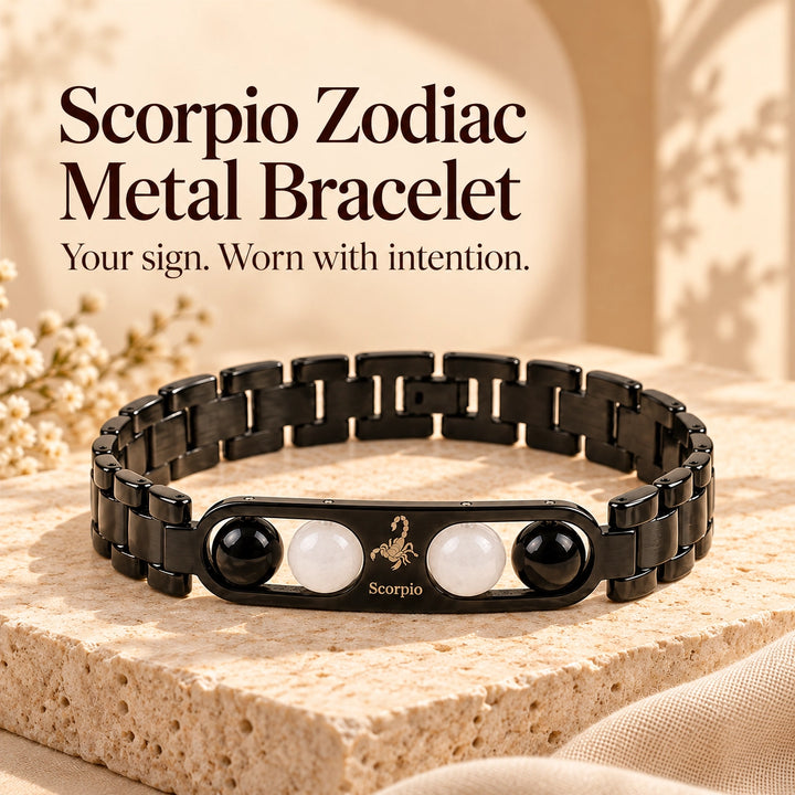 Scorpio Zodiac Black Metal Bracelet with White &amp; Black Stone Detailing for Men &amp; Women