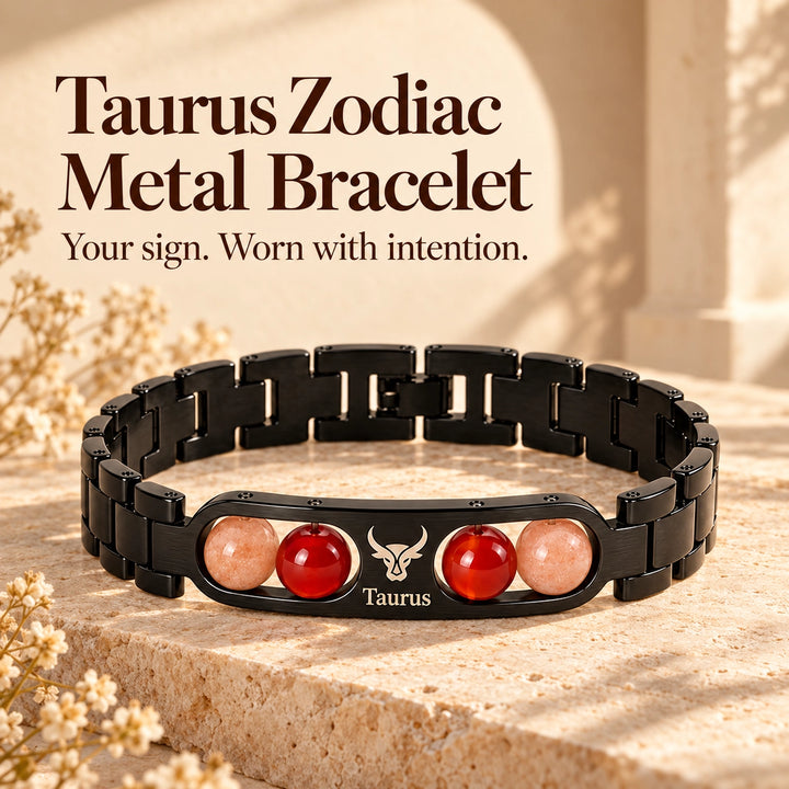 Taurus Zodiac Black Metal Bracelet with Red &amp; Peach Stone Detailing for Men &amp; Women