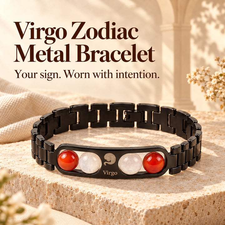 Virgo Zodiac Black Metal Bracelet with Red &amp; White Stone Detailing for Men &amp; Women