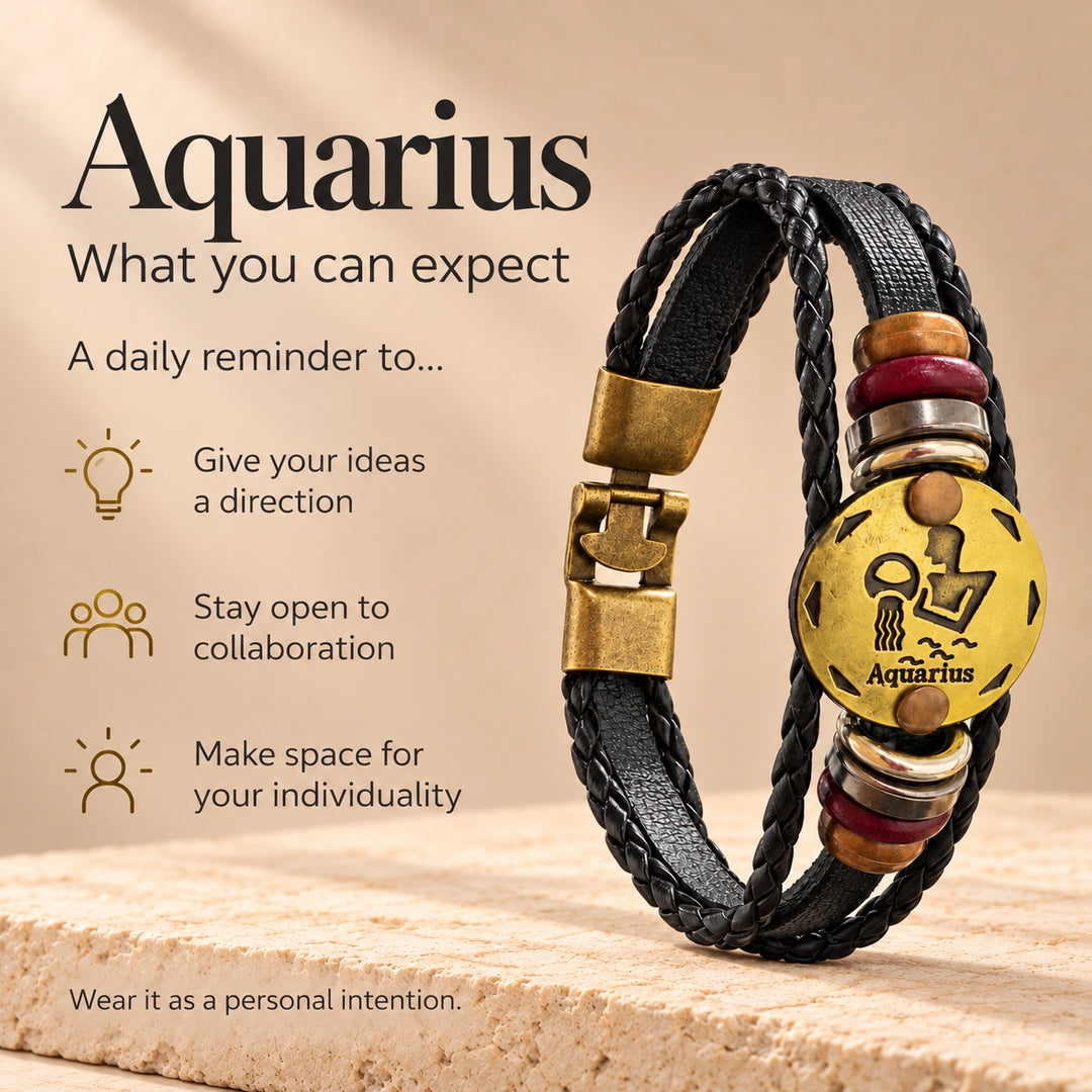 Aquarius Zodiac Bracelet – Black Braided Leather Bracelet with Antique Gold-Tone Charm