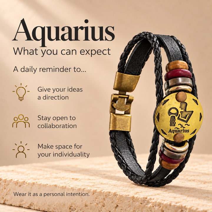Aquarius Zodiac Bracelet – Black Braided Leather Bracelet with Antique Gold-Tone Charm