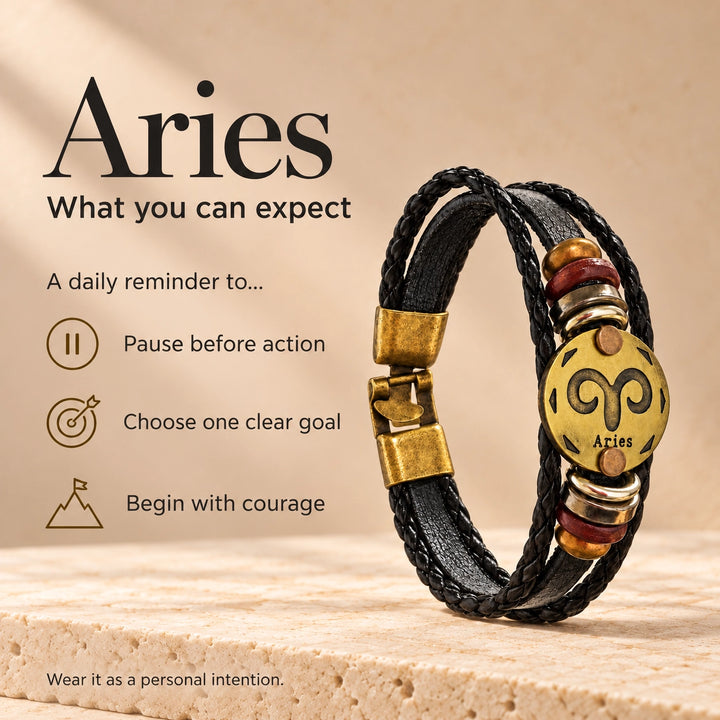 Aries Zodiac Bracelet – Black Braided Leather Bracelet with Antique Gold-Tone Charm