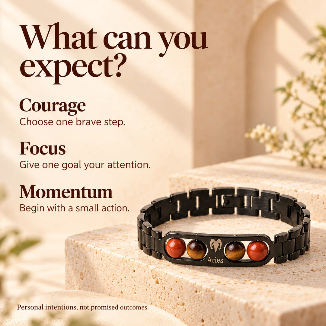 Aries Zodiac Black Metal Bracelet with Red &amp; Brown Stone Detailing for Men &amp; Women