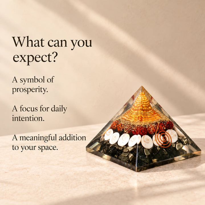 Dhan Laxmi Yantra Vastu Crystal Pyramid | Gomti Chakra &amp; Kaudi for Wealth | Home Decor