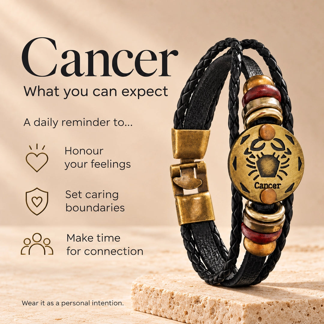 Cancer Zodiac Bracelet – Black Braided Leather Bracelet with Antique Gold-Tone Charm