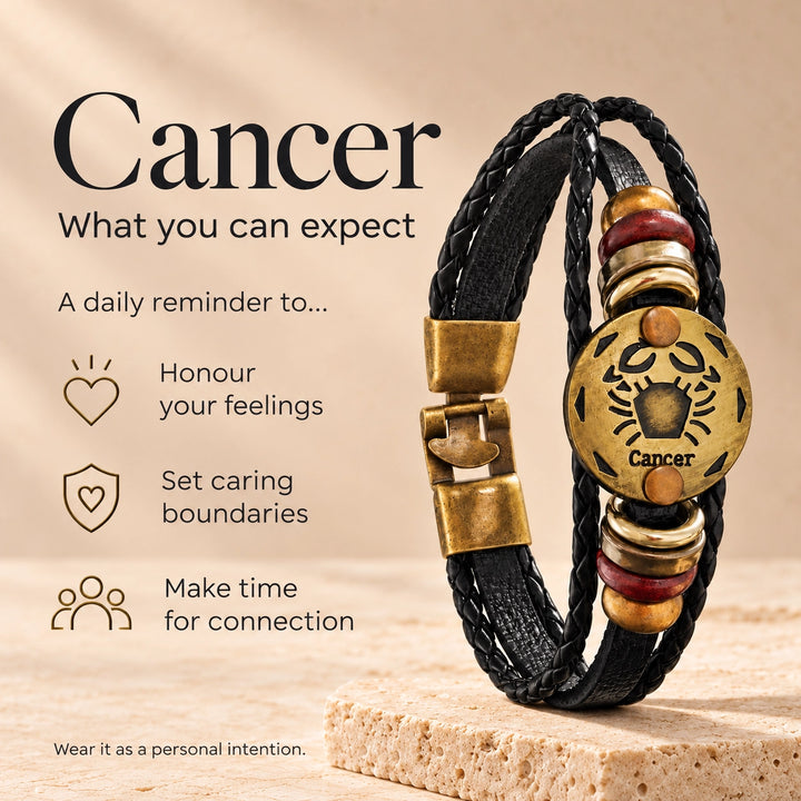 Cancer Zodiac Bracelet – Black Braided Leather Bracelet with Antique Gold-Tone Charm