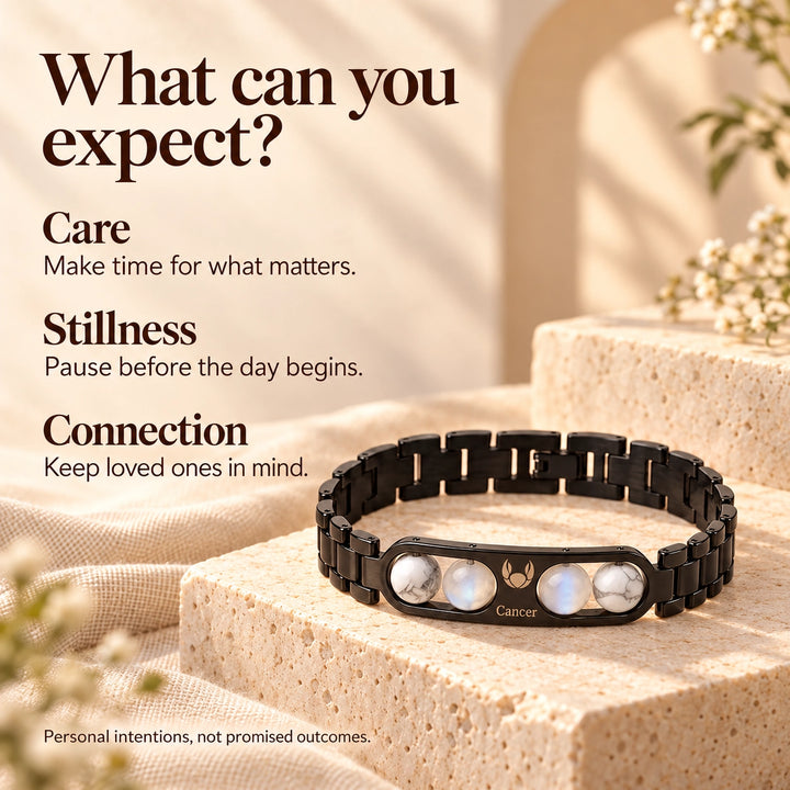 Cancer Zodiac Black Metal Bracelet with White &amp; Blue Stone Detailing for Men &amp; Women