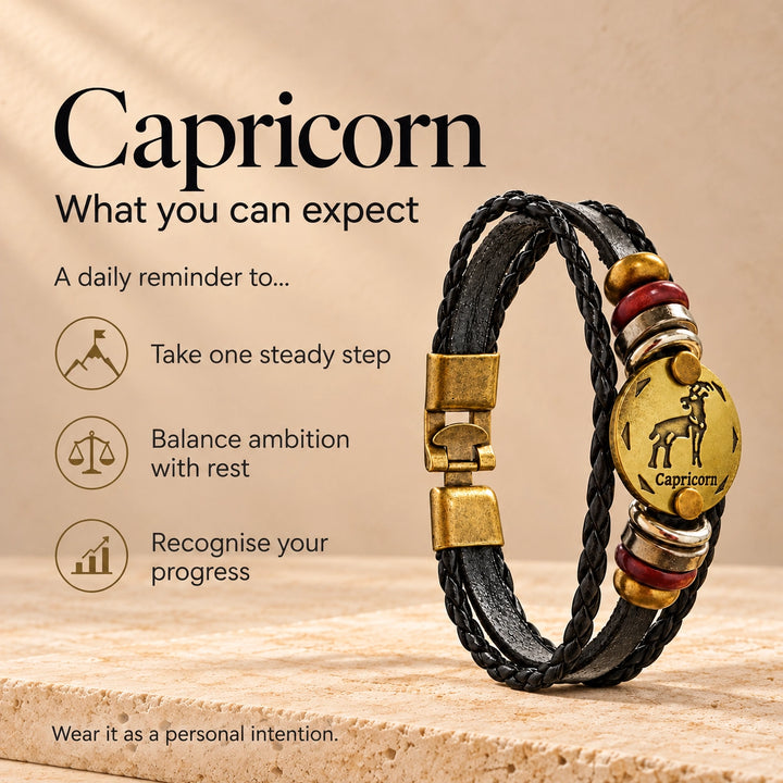 Capricorn Zodiac Bracelet – Black Braided Leather Bracelet with Antique Gold-Tone Charm