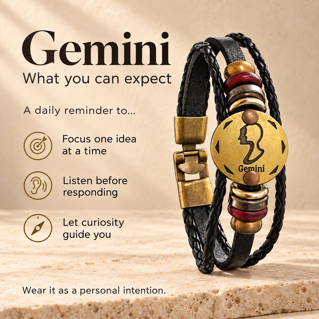 Gemini Zodiac Bracelet – Black Braided Leather Bracelet with Antique Gold-Tone Charm