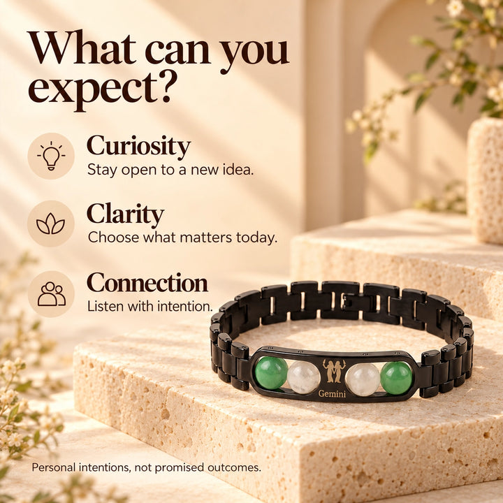 Gemini Zodiac Black Metal Bracelet with Green &amp; White Stone Detailing for Men &amp; Women