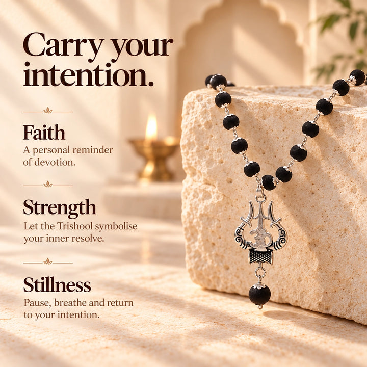 Original Karungali Mala | Trishul Pendant, Silver Caps | Lab Certified