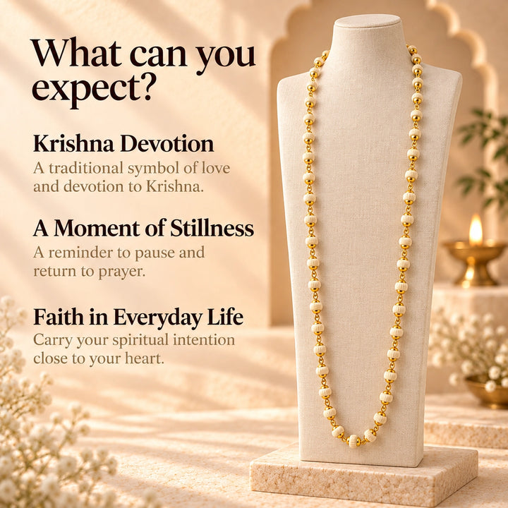 Natural Tulsi Beads Mala with Gold Capping Krishna Chain for daily wear