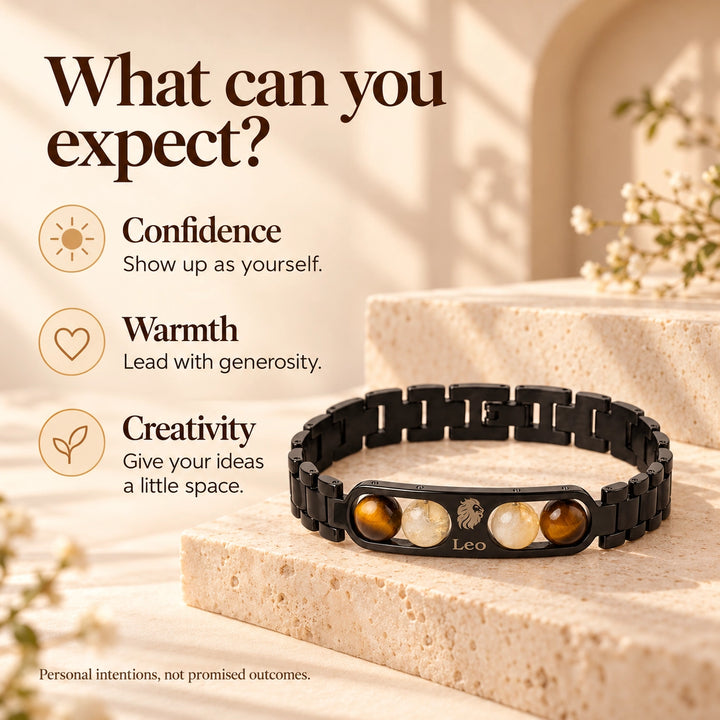 Leo Zodiac Black Metal Bracelet with Tiger Eye &amp; White Stone Detailing for Men &amp; Women