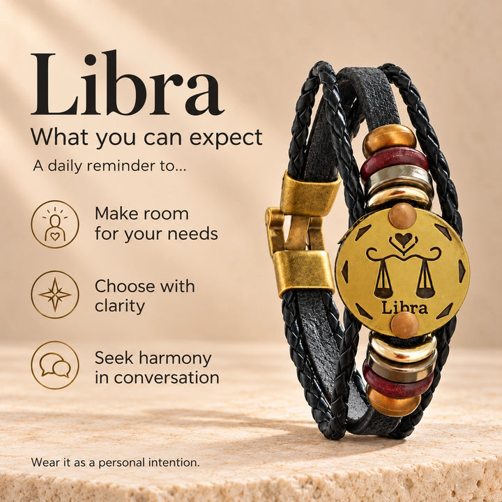 Libra Zodiac Bracelet – Black Braided Leather Bracelet with Antique Gold-Tone Charm