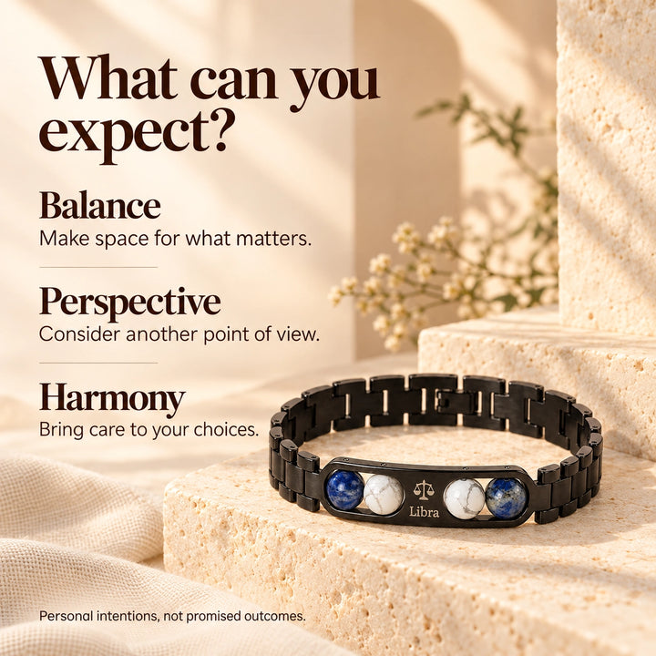 Libra Zodiac Black Metal Bracelet with Blue &amp; White Stone Detailing for Men &amp; Women