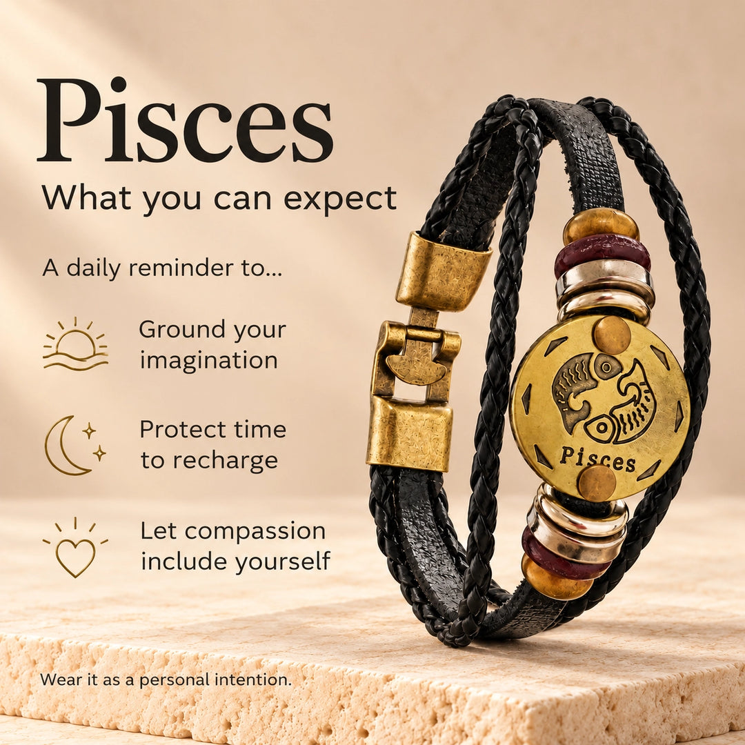 Pisces Zodiac Bracelet – Black Braided Leather Bracelet with Antique Gold-Tone Charm