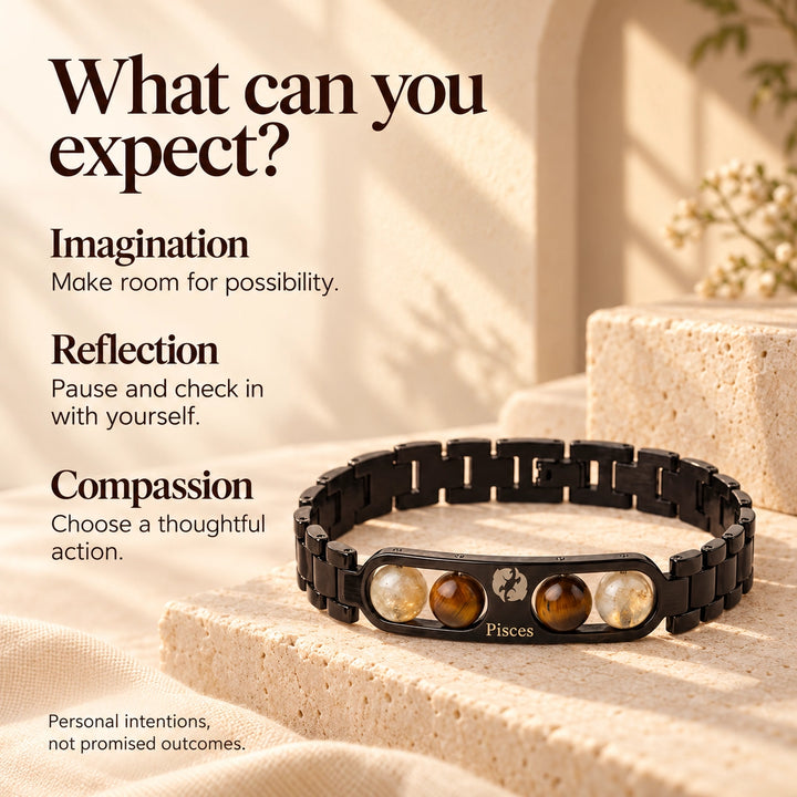 Pisces Zodiac Black Metal Bracelet with Amber &amp; White Stone Detailing for Men &amp; Women