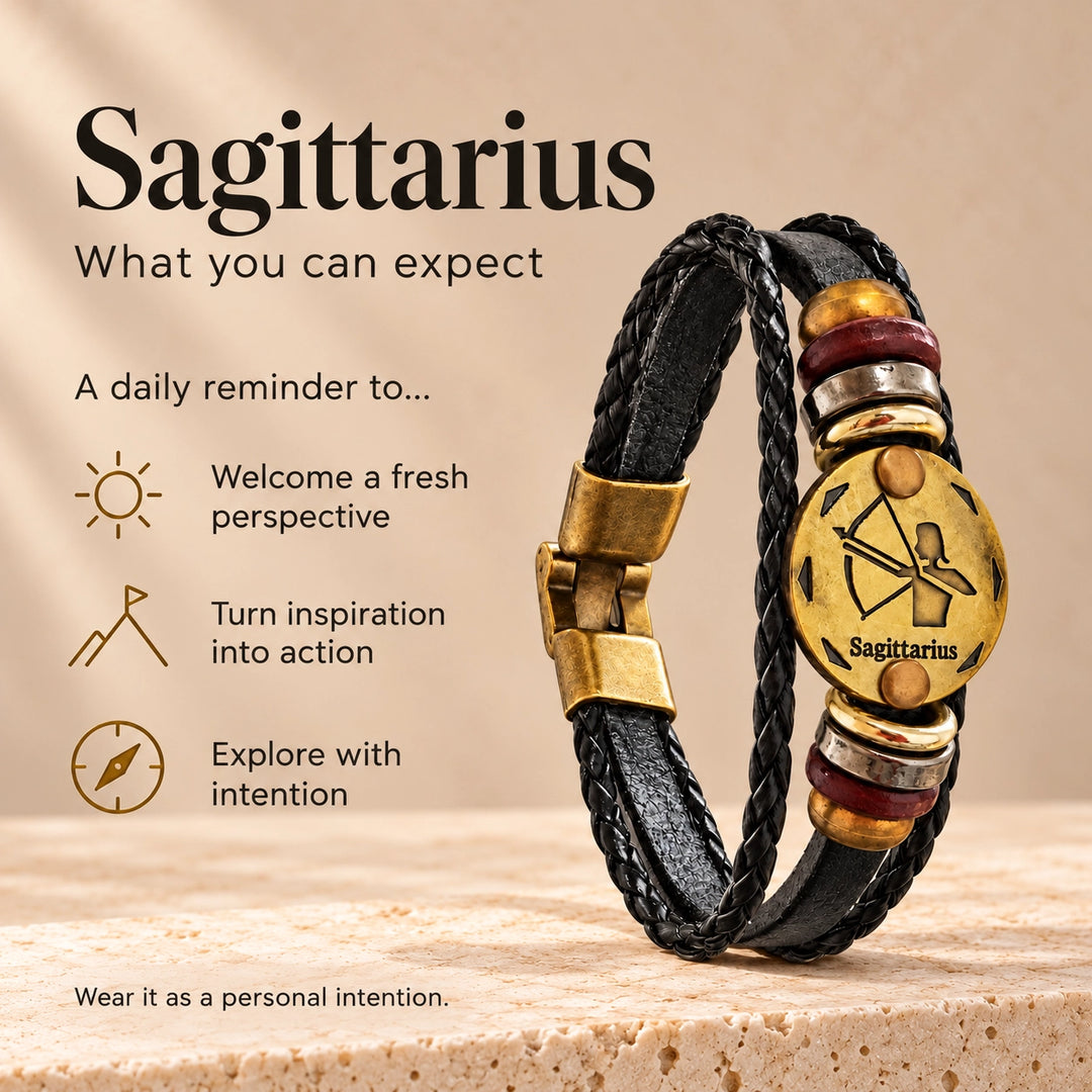 Sagittarius Zodiac Bracelet – Black Braided Leather Bracelet with Antique Gold-Tone Charm
