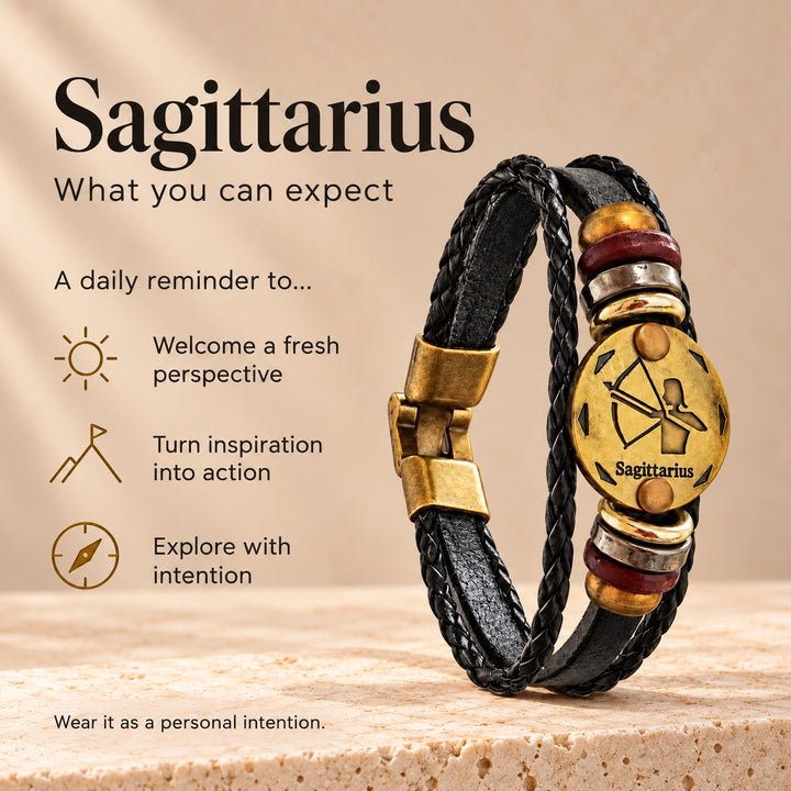 Sagittarius Zodiac Bracelet – Black Braided Leather Bracelet with Antique Gold-Tone Charm