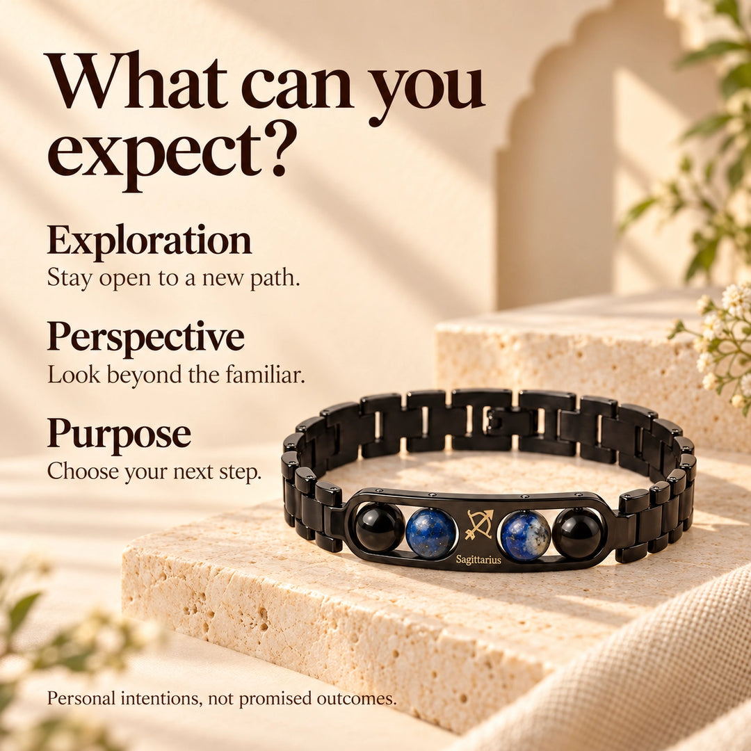 Sagittarius Zodiac Black Metal Bracelet with Blue &amp; Black Stone Detailing for Men &amp; Women