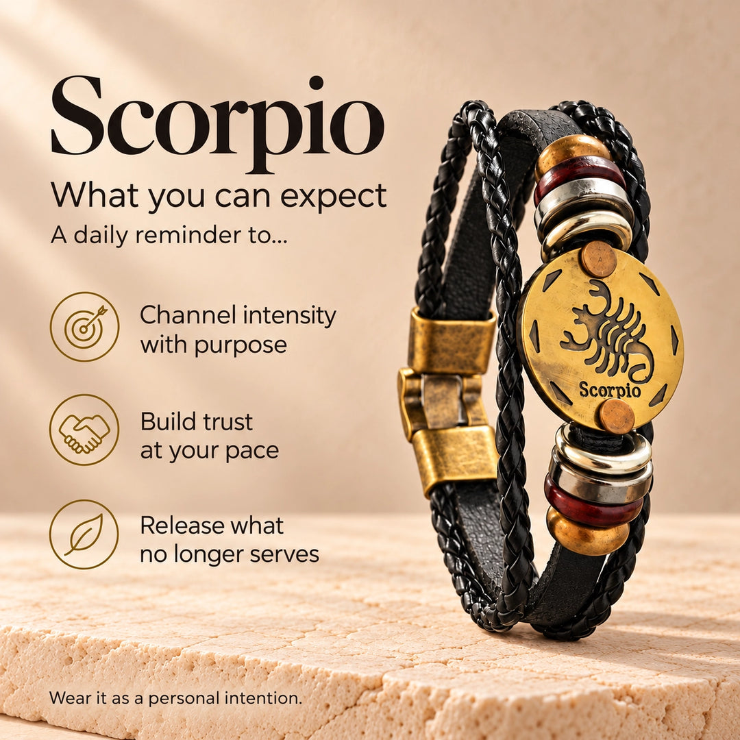 Scorpio Zodiac Bracelet – Black Braided Leather Bracelet with Antique Gold-Tone Charm
