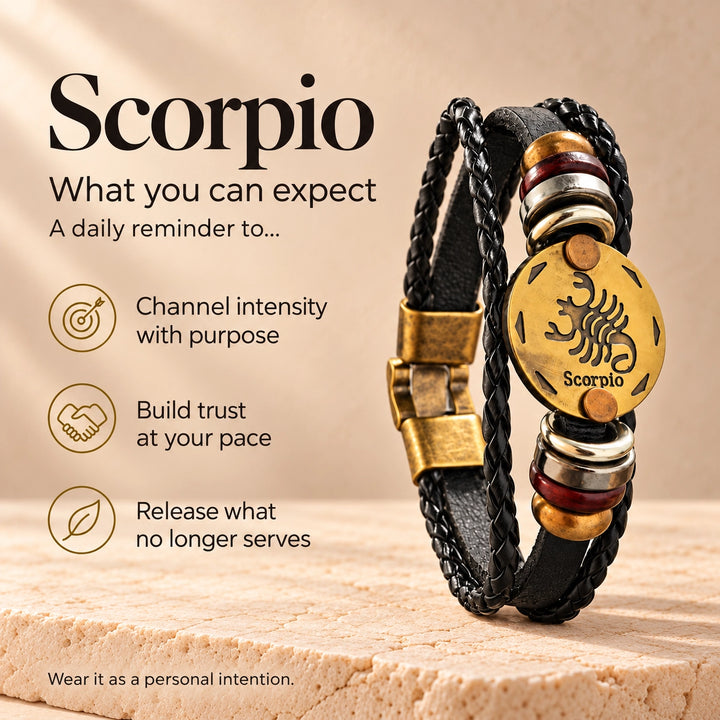 Scorpio Zodiac Bracelet – Black Braided Leather Bracelet with Antique Gold-Tone Charm