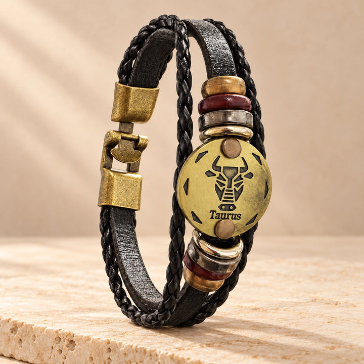 Taurus Zodiac Bracelet – Black Braided Leather Bracelet with Antique Gold-Tone Charm