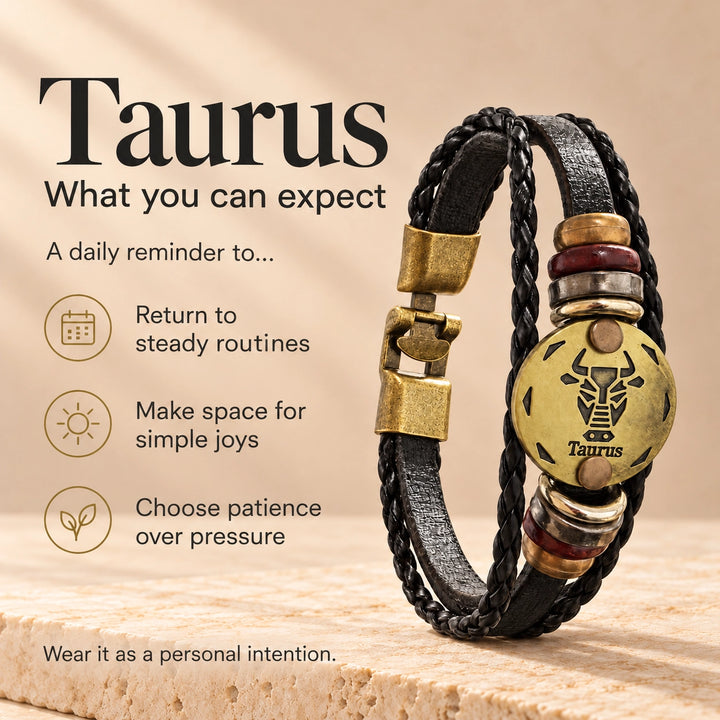 Taurus Zodiac Bracelet – Black Braided Leather Bracelet with Antique Gold-Tone Charm