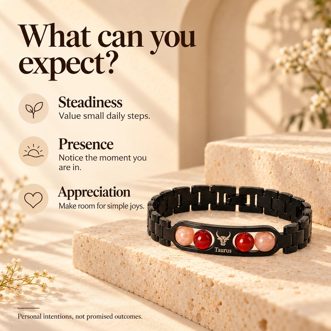Taurus Zodiac Black Metal Bracelet with Red &amp; Peach Stone Detailing for Men &amp; Women