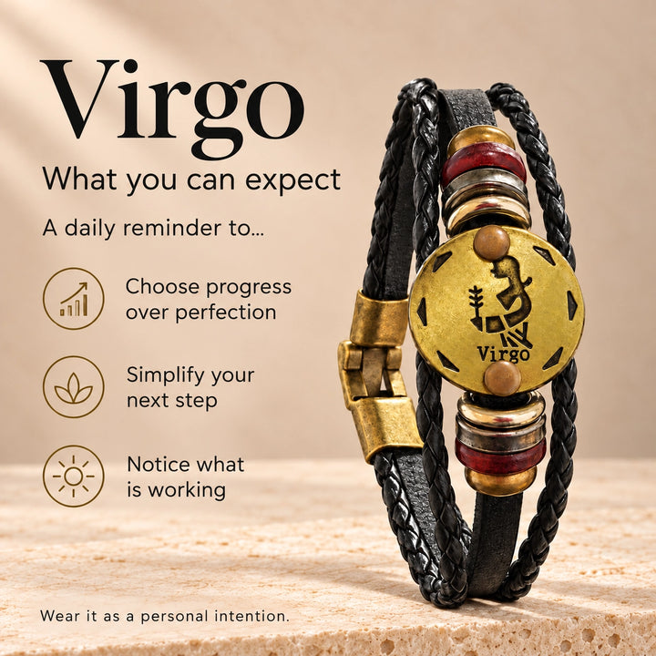 Virgo Zodiac Bracelet – Black Braided Leather Bracelet with Antique Gold-Tone Charm