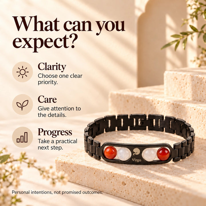 Virgo Zodiac Black Metal Bracelet with Red &amp; White Stone Detailing for Men &amp; Women