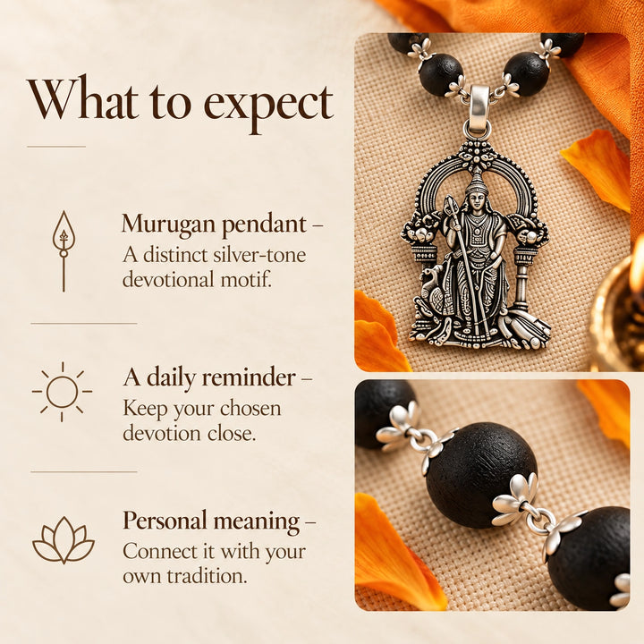Original Karungali Mala | 54 wood beads, Silver caps &amp; Murugan Pendant | Lab Certified