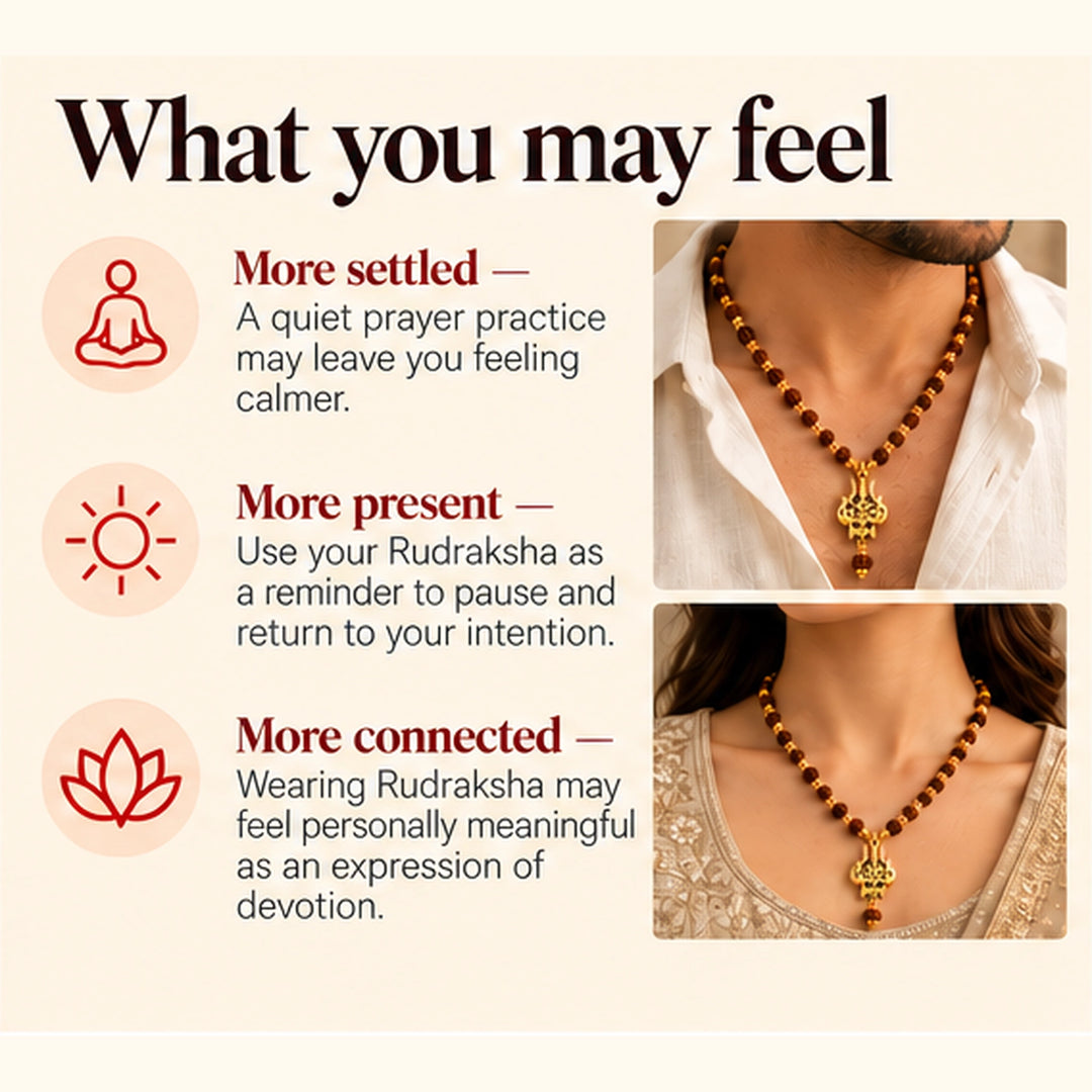 Rudraksha Necklace with Gold Caps &amp; Trishul Pendant