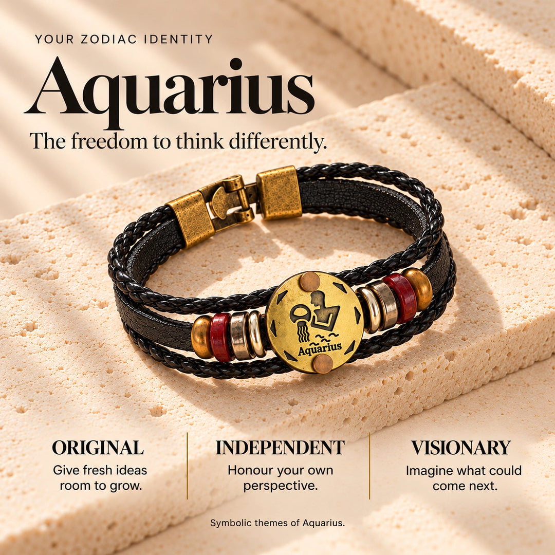 Aquarius Zodiac Bracelet – Black Braided Leather Bracelet with Antique Gold-Tone Charm