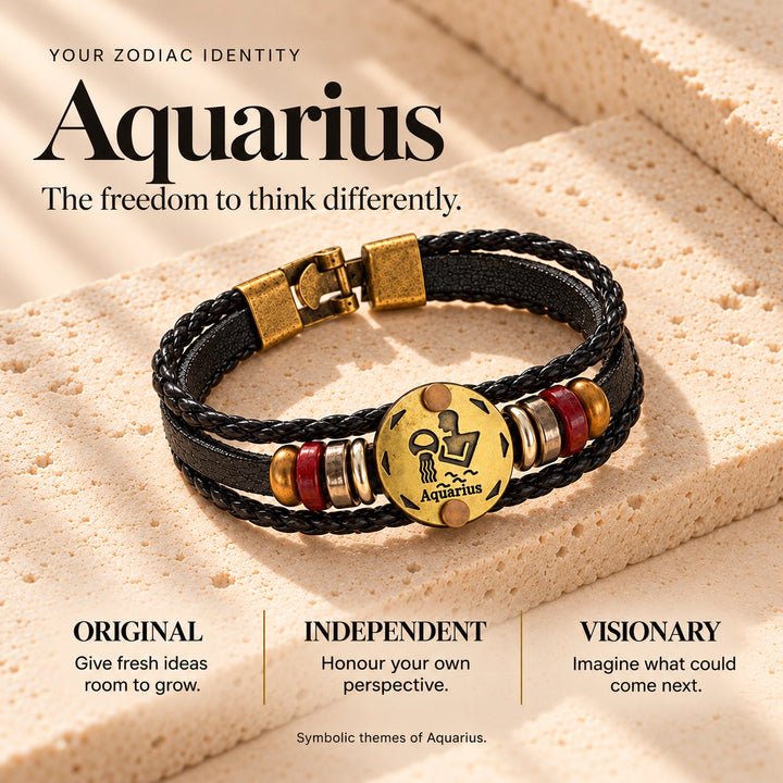 Aquarius Zodiac Bracelet – Black Braided Leather Bracelet with Antique Gold-Tone Charm