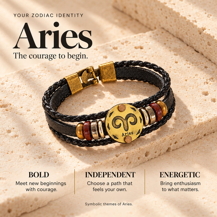 Aries Zodiac Bracelet – Black Braided Leather Bracelet with Antique Gold-Tone Charm