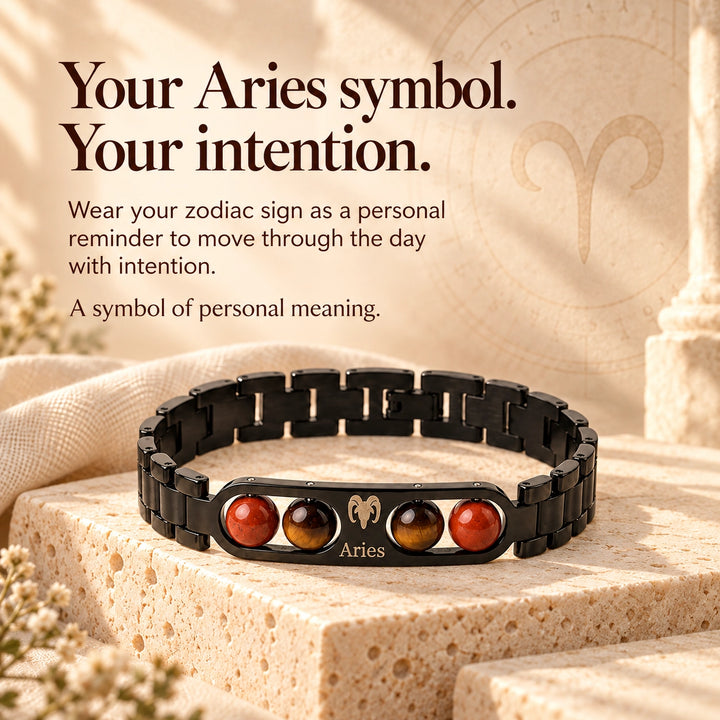 Aries Zodiac Black Metal Bracelet with Red &amp; Brown Stone Detailing for Men &amp; Women